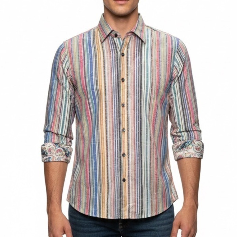 Robert Graham Striped Paisley Pastel Button Down Shirt Boys 18/20 XL 100% Cotton